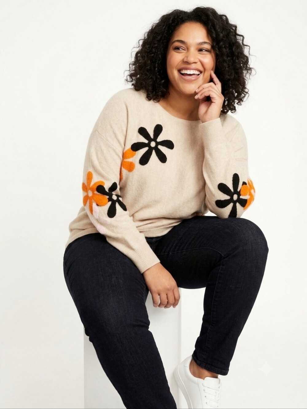 Aaeda Beige Crewneck Sweater with Orange, Black & Pink Floral Accents